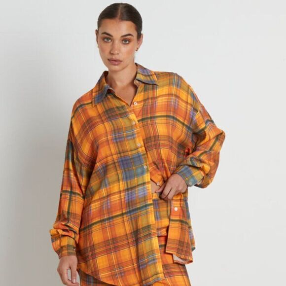 Charlie Holiday Maple Shirt Camden plaid orange blouse size 2 NWT - Picture 1 of 16